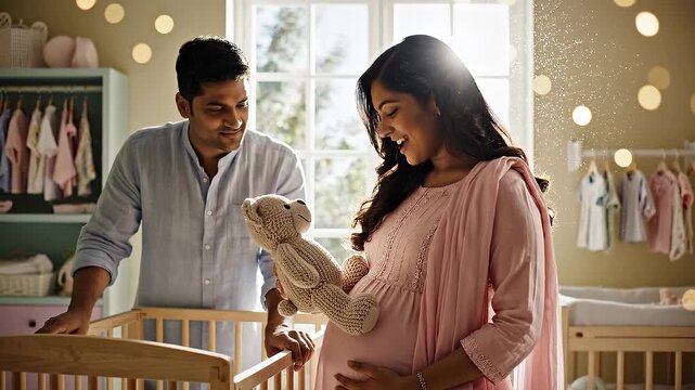 Parents prepare nursery for new baby with care and love in sunny room