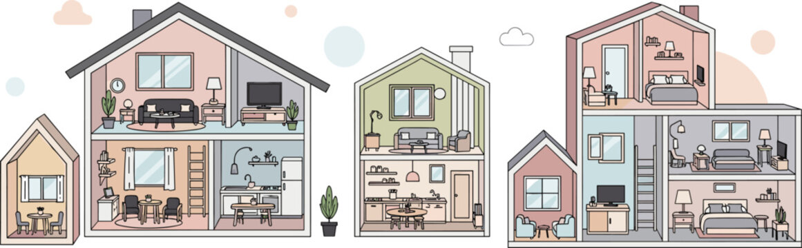 Modern house cross section vector illustration with interior rooms furniture layout and cozy home living concept design