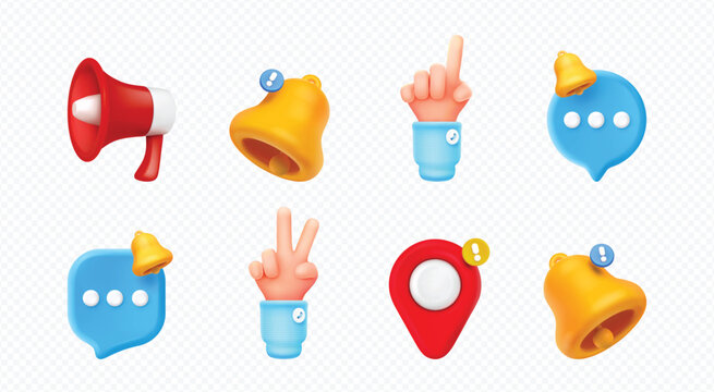 Engaging 3D communication and notification icons set for digital engagement, social alerts, and online interaction growth for modern apps