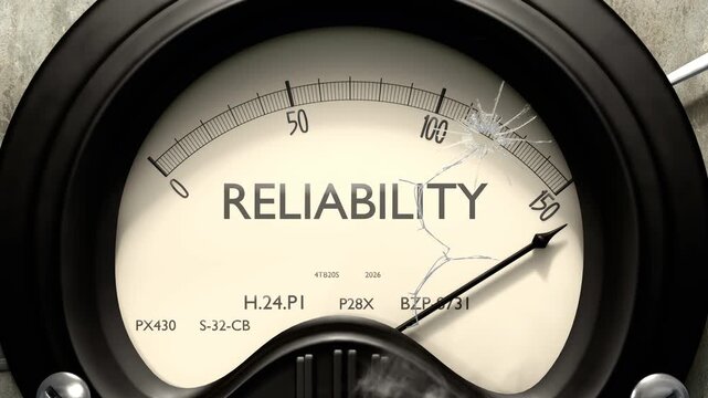 Reliability meter showing big levels of reliability. Dangerously increasing high values of reliability, critical overload. Too much, off the charts. Max reliability
