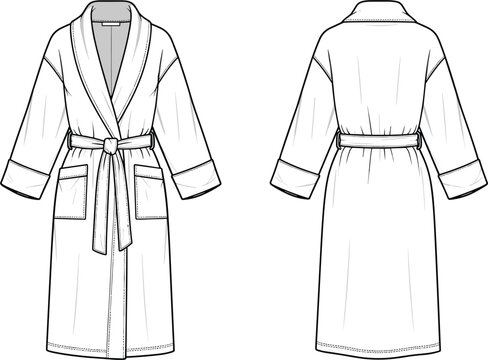 Technical fashion sketch of a unisex bathrobe with front and back views featuring shawl collar tie belt and patch pockets for apparel design templates.