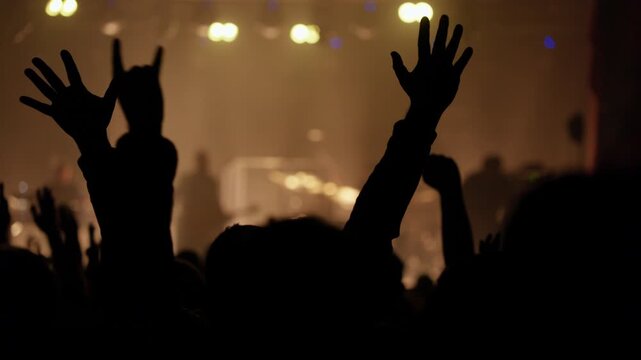 Silhouettes of an excited crowd raising their hands, making rock gestures, and cheering at a vibrant live music concert. Stage lights illuminate the background