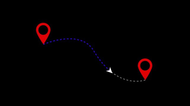 Two location point connection with lines arrow direction animation on black background. Two red location pin icon animations connected by dotted path
