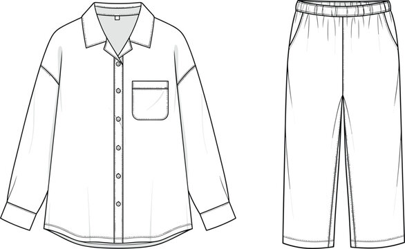 Technical flat sketch of women pajama set featuring long sleeve oversized button down shirt with front pocket and elastic waist long trousers, sleepwear apparel vector illustration for fashion design.