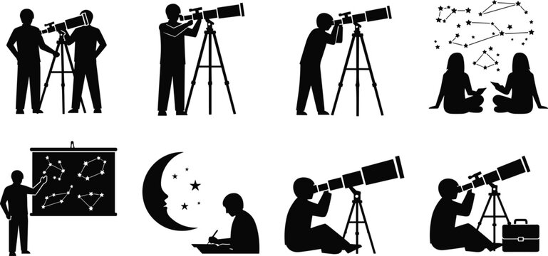 Astronomy and Stargazing Silhouette Set Featuring People Using Telescopes Observing Constellations Night Sky Stars Moon And Educational Space Science Lesson Illustration