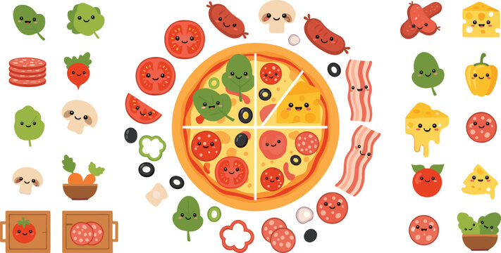 Cute cartoon pizza ingredients and toppings collection with smiling vegetables pepperoni cheese bacon and whole pizza flat vector illustration