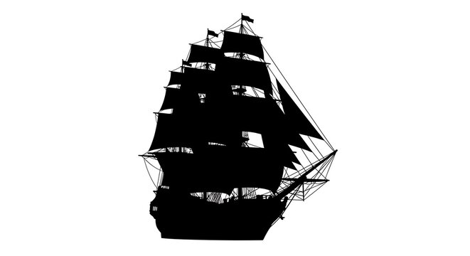 Detailed silhouette of a large sailing ship with multiple sails and flags on a tall mast