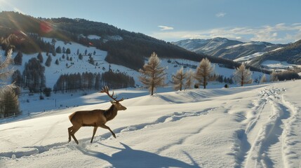 Majestic deer traverses snowy terrain with mountain backdrop under a bright winter sun