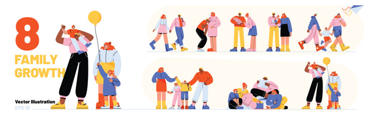 Naklejka premium Vibrant flat design illustrations capturing the essence of family growth, connection, and diverse interactions, depicting various life stages and togetherness in modern relationships