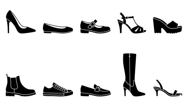 Women Fashion Footwear Icons Set Isolated on White Background, Heels, Sneakers and Boots Vectors for Apparel, Fashion and Accessory Design Projects