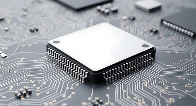 Modern Chip Microprocessor on Circuit Board Close Up, Technology Innovation Concept