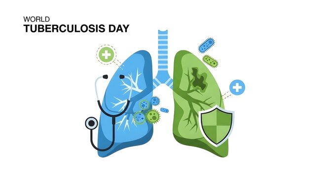 An educational illustration for World Tuberculosis Day featuring human lungs with bacteria, a stethoscope, and a protective shield symbol on a white background.