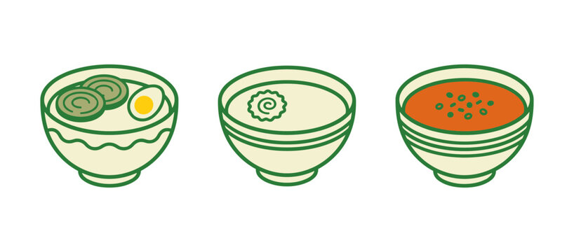 Japanese Ramen Bowl Icons Set Isolated On White, Miso Pork Noodle Soup Vector Line Art For Asian Food Restaurant Menu Design