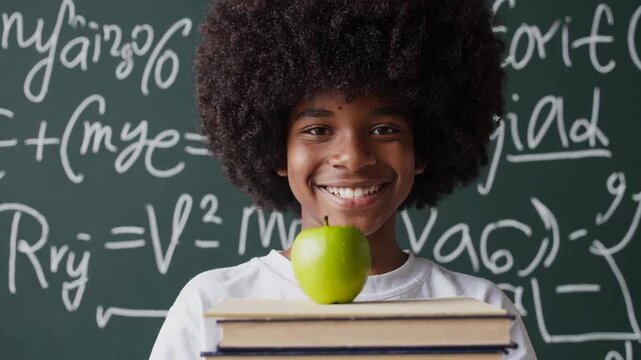 Happy afro american pupil smiling at camera, holding books and a green apple on top, standing in front of a blackboard with math formulas written on it, isolated on a white background