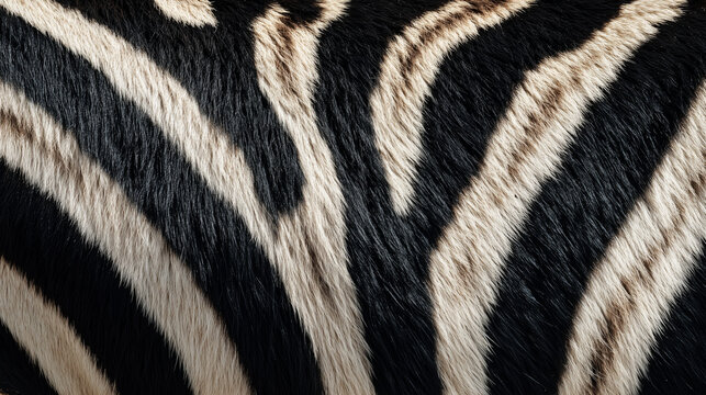 Zebra fur texture with natural black and white stripes close up animal pattern background for fashion design, textile prints and wildlife concepts