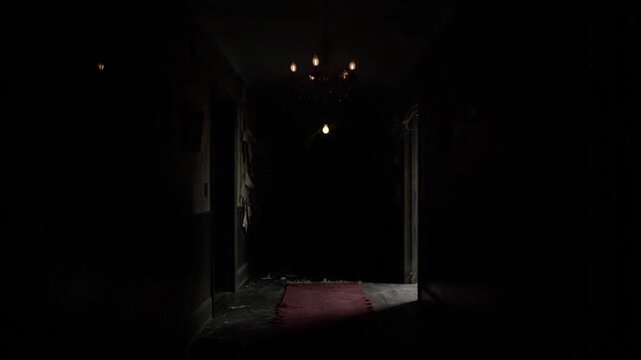 An eerie, abandoned hallway with peeling wallpaper and a flickering chandelier, leading into a dark unknown void, evokes unsettling mystery.