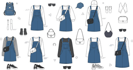 Fototapeta premium Denim overall dress outfit collection with accessories including bags shoes sunglasses and hats casual fashion styling vector illustration set