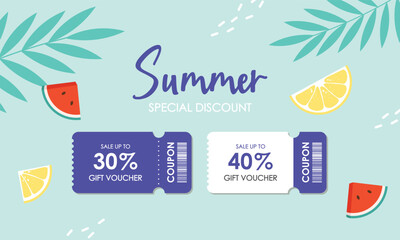 Fototapeta premium Summer Special Discount Coupon with Tropical Fruits and Leaves, Season summer Sale coupon. Sale flat template Tickets. For sale coupon. Minimalist pink coupon.