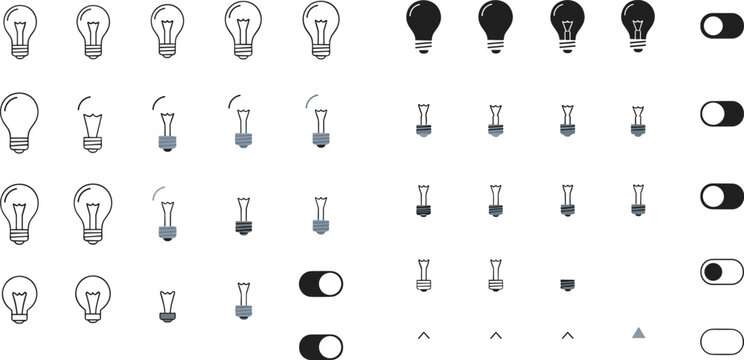 Light bulb icon set with on off toggle switch states minimal outline and filled vector collection representing energy electricity and interface design elements