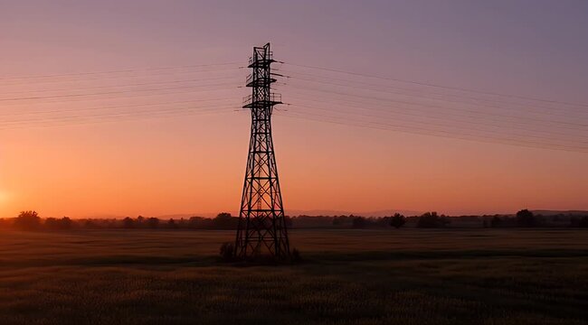 Industrial pylon stands tall amidst glowing orange sunset over vast agricultural fields