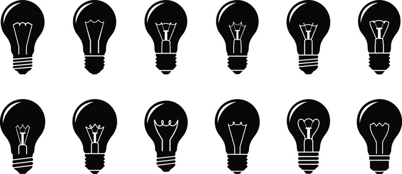 Light bulb silhouette icon collection with various filament designs minimal black vector set representing creativity idea innovation and electricity concepts