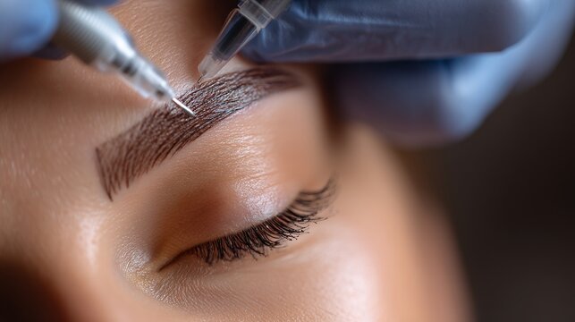 Close-up of an eyebrow tattooing process highlighting precision and artistry in beauty treatments for enhanced facial features and self-confidence. Generative AI