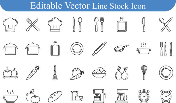 Kitchen and cooking icons vector set with rolling pin