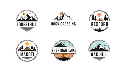 Naklejka premium Set of six vintage outdoor adventure logos featuring mountains, forests, and tents for camping and hiking lovers.