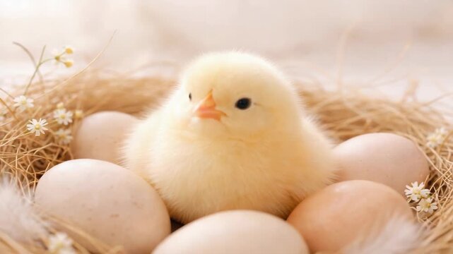 Charming chick hatching from egg nest animal photography cozy environment close-up new beginnings
