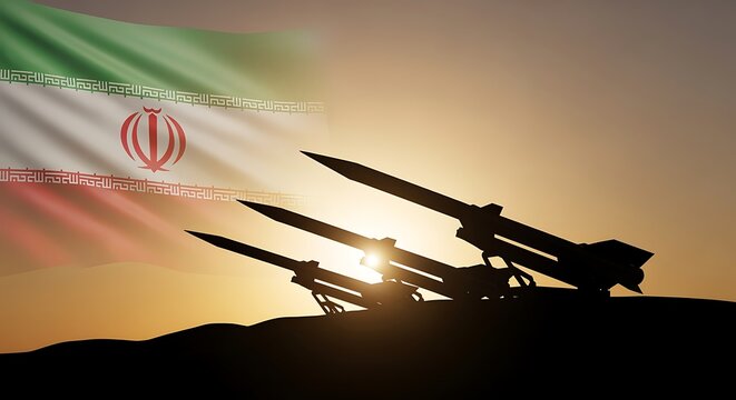 Iranian missiles silhouetted against a dramatic sunset with the national flag in the background, symbolizing military power and defense.