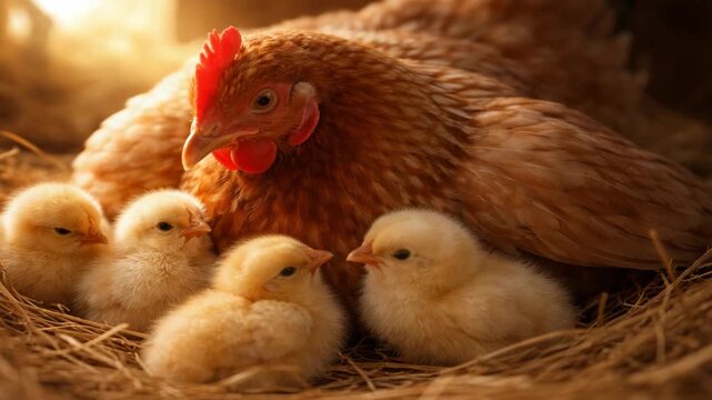 Mother hen nurturing chicks in cozy nest farmyard nature photography warm atmosphere close-up animal care