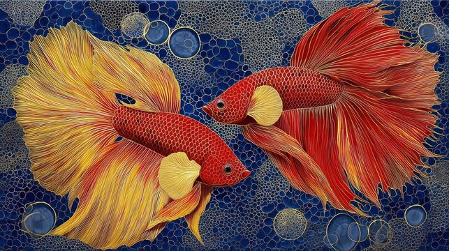 Vibrant siamese fighting fish displaying dynamic colors against blue backdrop