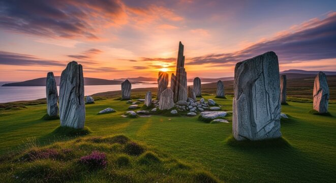 Ancient standing stones circle illuminated by a vibrant sunset sky