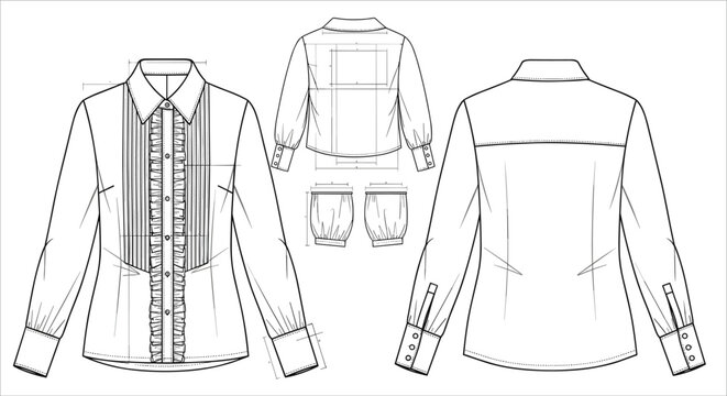Women blouse technical drawing vector with front and back views detailed sleeves cuffs and measurements fashion flat sketch for garment design