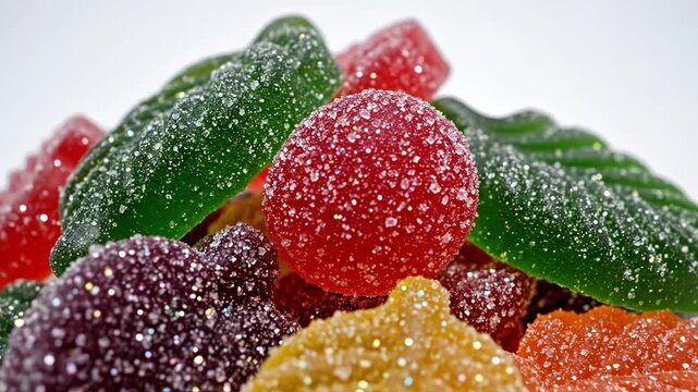 A pile of colorful sugarcoated candies on a white surface