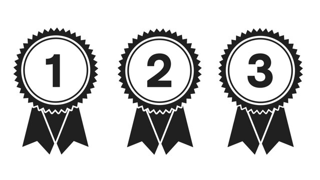 Three black and white award ribbons are numbered one, two, and three to represent first, second, and third place rankings in a competition.