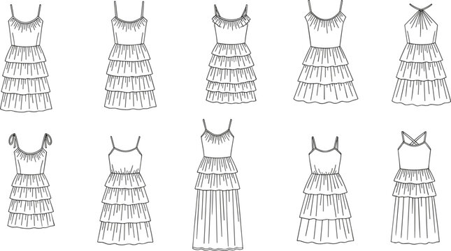 Women ruffle dress technical drawing collection with multiple styles and strap variations fashion flat sketch vector for clothing design
