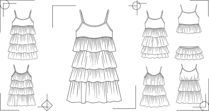 Women ruffle layered dress technical drawing set with multiple views and styles fashion flat sketch vector for clothing design