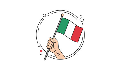 Illustration shows a hand holding the national flag of Italy on a pole, enclosed within a circular border with decorative dots and shapes.