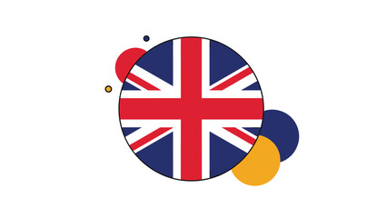 Fototapeta premium Circular emblem features the Union Jack flag of the United Kingdom, surrounded by colorful floating circles for a modern graphic look.