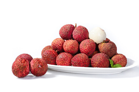 Fresh Lychee Fruits from Guangxi Hainan China on White Plate Healthy Tropical Asian Food