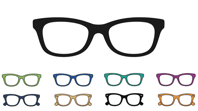 Large black eyeglass frame is displayed above a row of eight smaller frames in various colors like green, blue, and orange for retail use.