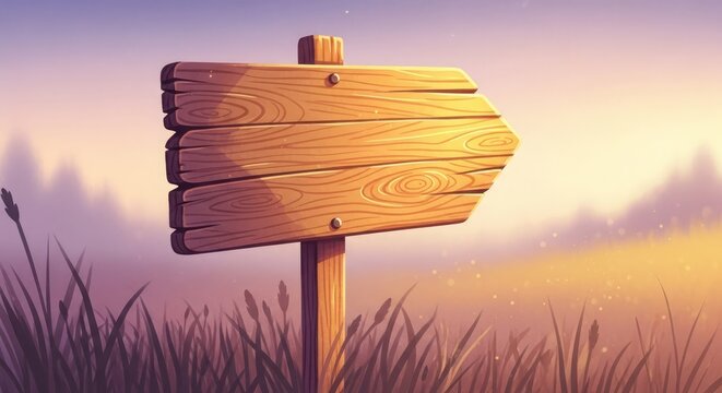 A wooden signpost stands in a serene natural landscape with grass and a sunset background indicating no specific direction.