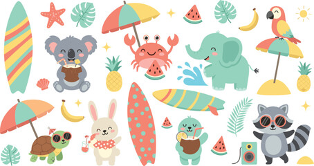 Naklejka premium Cute summer beach animals illustration set with surfing koala elephant bunny raccoon turtle and tropical vacation elements collection