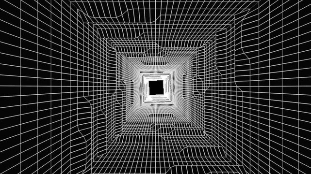 Abstract Digital Wireframe Tunnel Flying Through Deep Space. Futuristic Glowing Grid Tunnel for Technology and Gaming Backdrop. Retro 80s Style Grid Tunnel Animation with Seamless Loop.