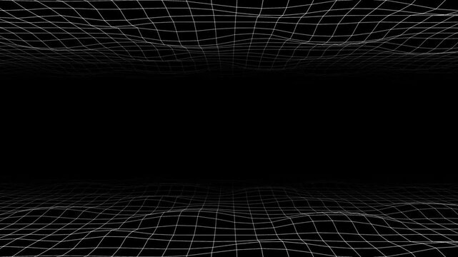 Abstract Digital Wireframe Tunnel Flying Through Deep Space. Futuristic Glowing Grid Tunnel for Technology and Gaming Backdrop. Retro 80s Style Grid Tunnel Animation with Seamless Loop.