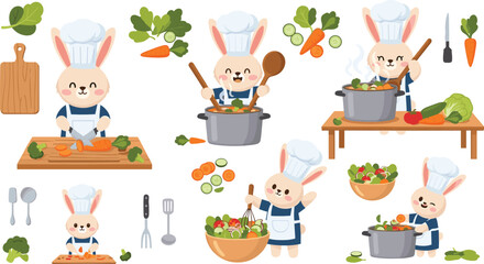 Fototapeta premium Cute bunny chef cooking illustration set with rabbits preparing vegetables soup salad and healthy food in kitchen cartoon characters