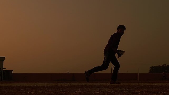 Silhouette of a cricket player holding a bat in a batting stance during sunset on an outdoor field. Ideal for cricket, sports training, fitness, youth sports, recreation, motivation