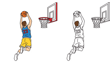 Vector illustration of a basketball player jumping to slam dunk the ball, featuring both colorful and black and white line art versions isolated on white background. © MstTabassum