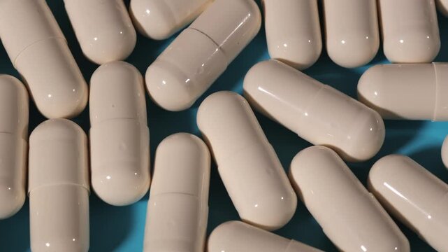 White tablets. Medical capsules. Slow motion video. High quality 4k footage